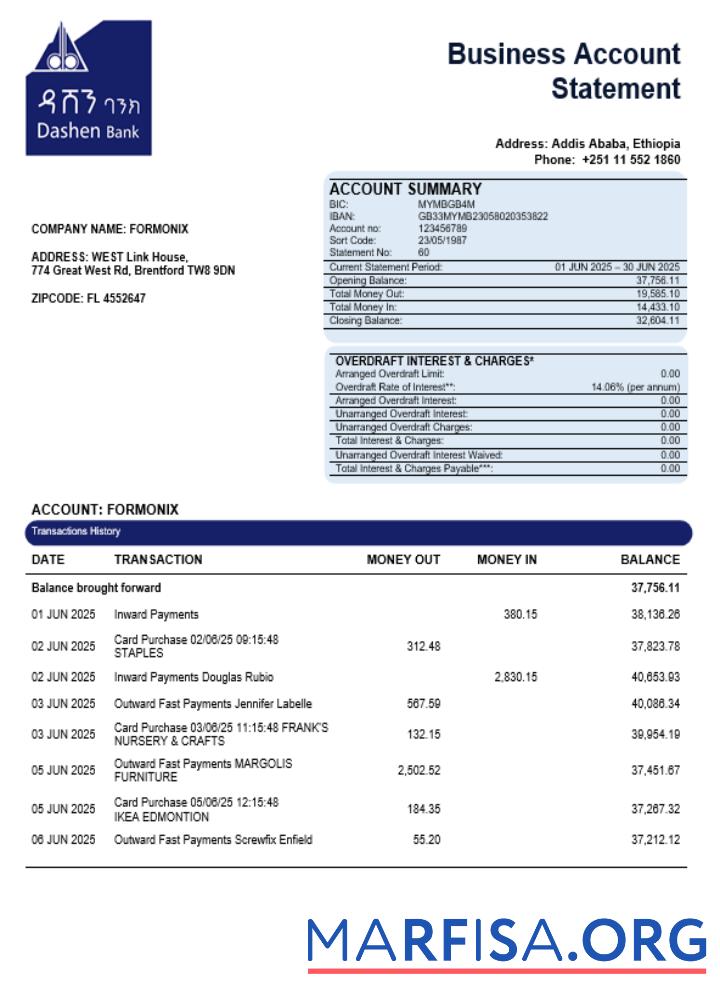 Realistic Dashen bank company statement Word and PDF format download for verification